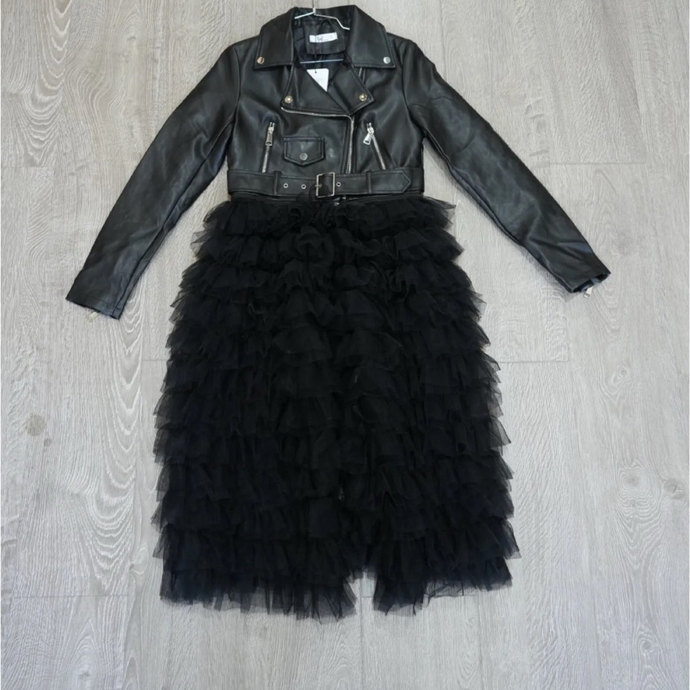 Black Ruffled Tulle skirt with Leather Jacket